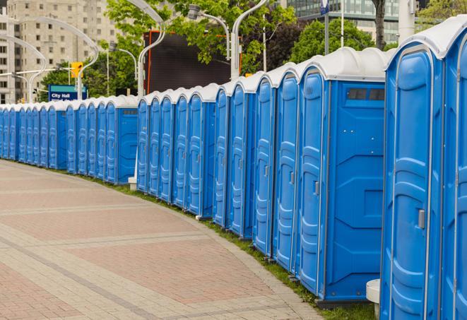 a row of portable restrooms set up for a large athletic event, allowing participants and spectators to easily take care of their needs in Lebanon